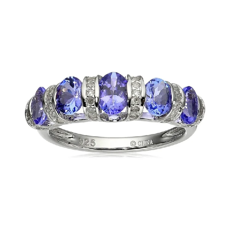 Women’s silver rings-Sterling Silver Tanzanite and Diamond 5-stone Stackable Ring