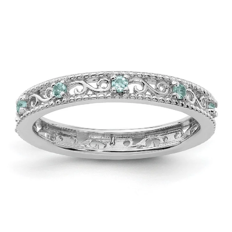 Women’s engagement rings-Curata 3mm 925 Sterling Silver Polished Prong set Stackable Expressions Aquamarine Ring