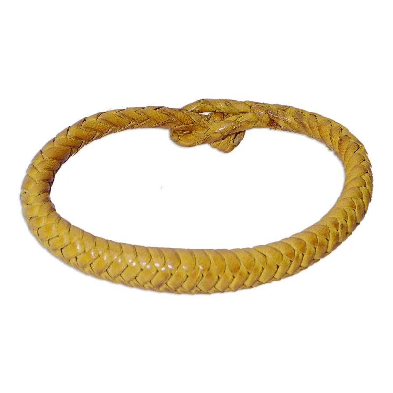 Women’s vintage bangles-Novica Handmade Yellow Grace Braided Leather Bracelet