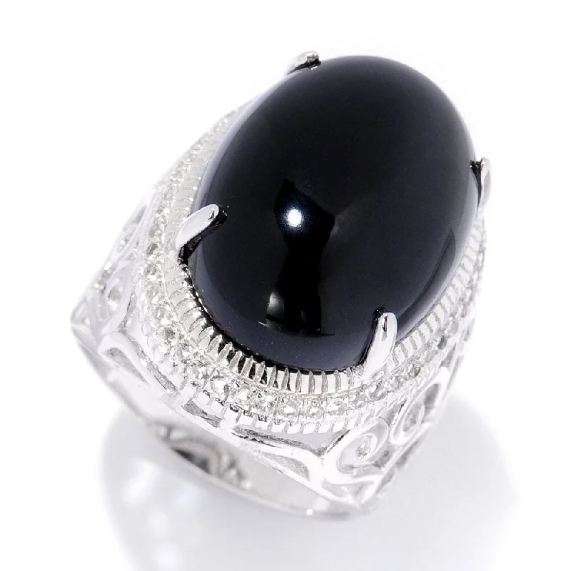 Women’s pearl rings-Sterling Silver 19 x 14mm Oval Colorado Black Moonstone & White Topaz Ring