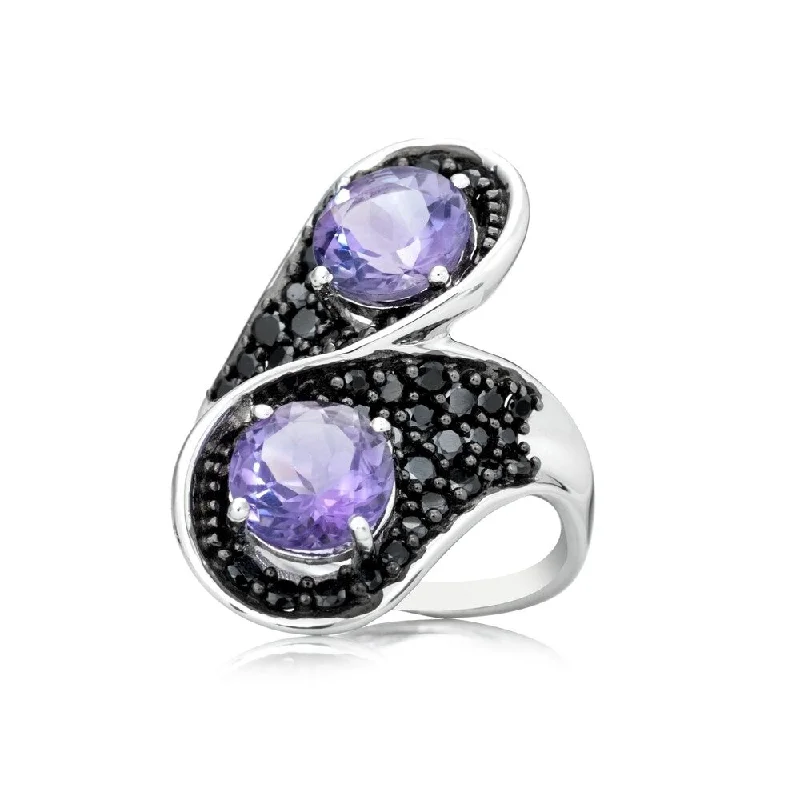 Women’s gemstone engagement rings-925 Sterling Silver African Amethyst and Black Spinel Ring