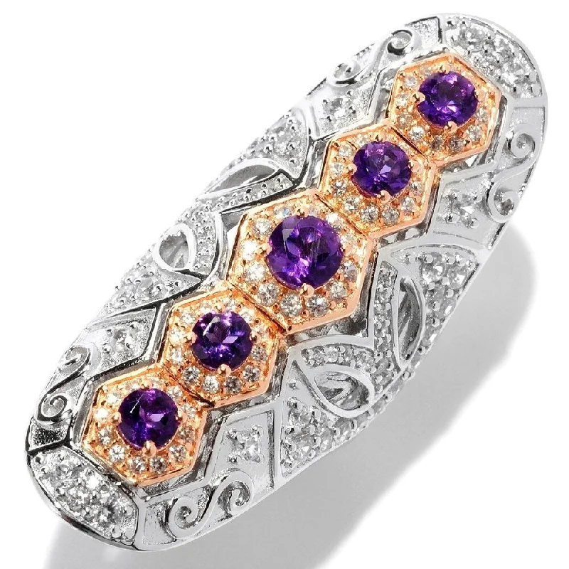 Women’s platinum engagement rings-Amethyst & White Zircon Cut-out Scrollwork Elongated Ring