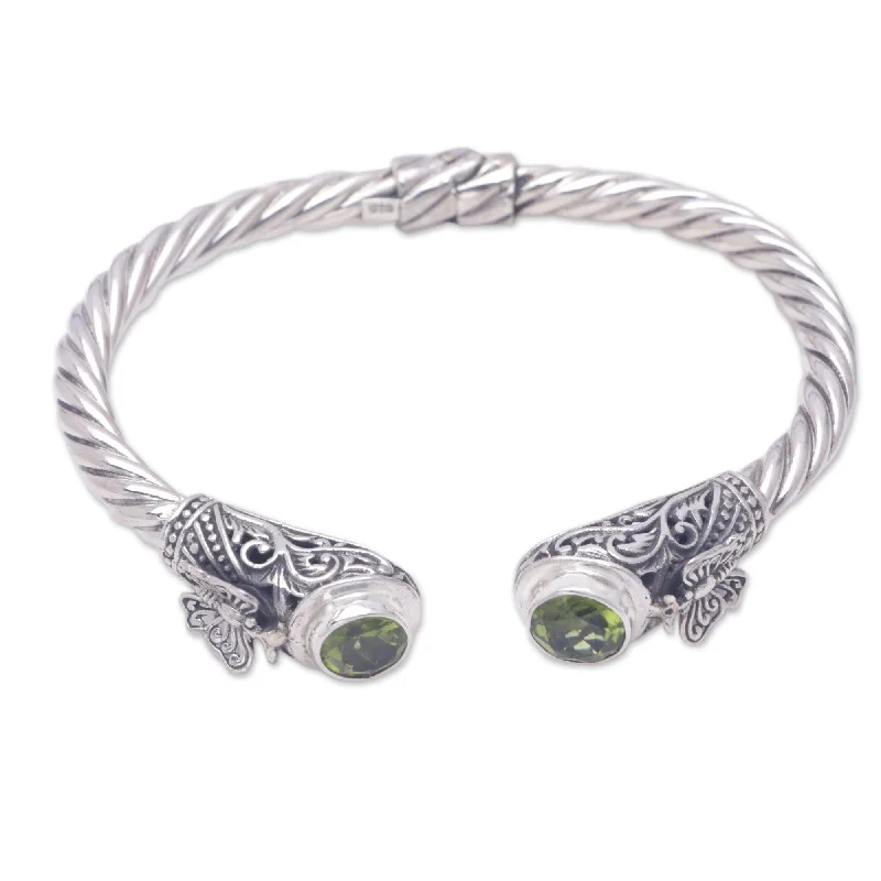 Women’s casual bracelets-Novica Handmade Green Butterfly Peridot Cuff Bracelet