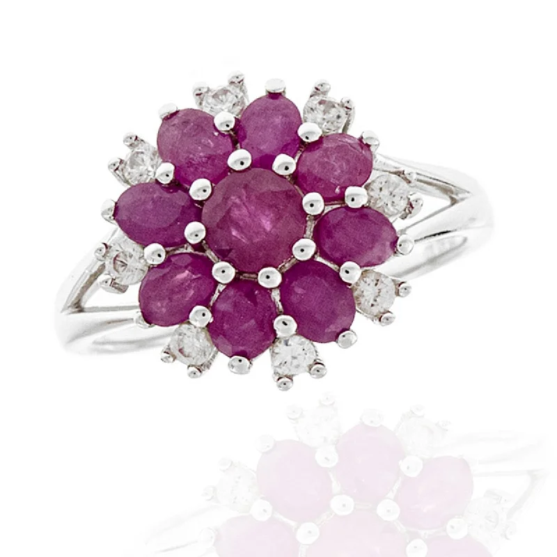 Women’s gemstone rings-925 Sterling Silver African Ruby and White Zircon Gemstone Flower Ring