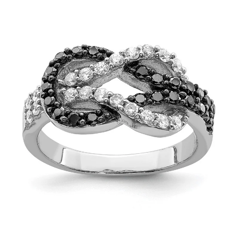 Women’s diamond solitaire rings-Curata 925 Sterling Silver Polished Rhodium Black and Clear CZ Cubic Zirconia Simulated Diamond Love Knot Ring