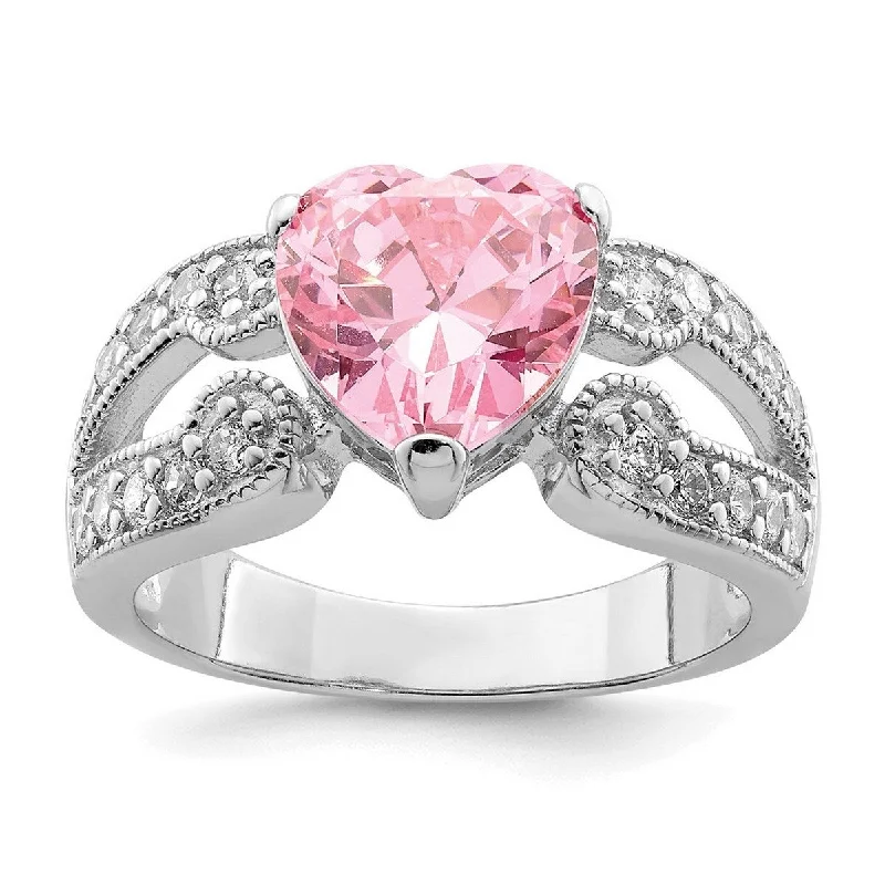 Women’s minimalist rings-Curata 925 Sterling Silver Polished Open back 10mm Pink and Clear CZ Cubic Zirconia Simulated Diamond Love Heart Ring