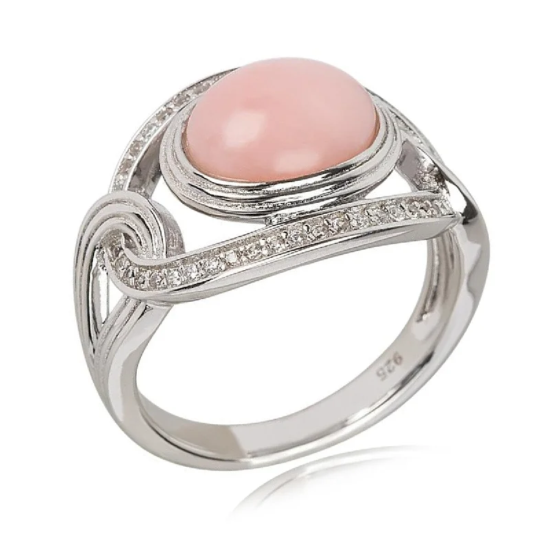 Women’s minimalist rings-925 Sterling Silver Pink Opal and White Zircon Solitaire Ring