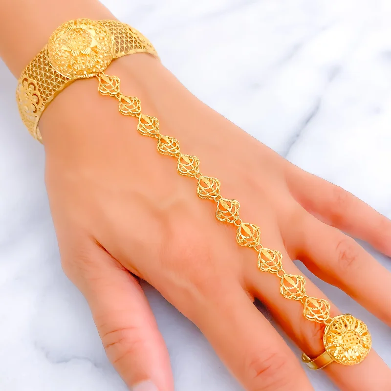 Women’s antique bangles-Impressive Floral 21K Gold Panchangala Bangle Bracelet