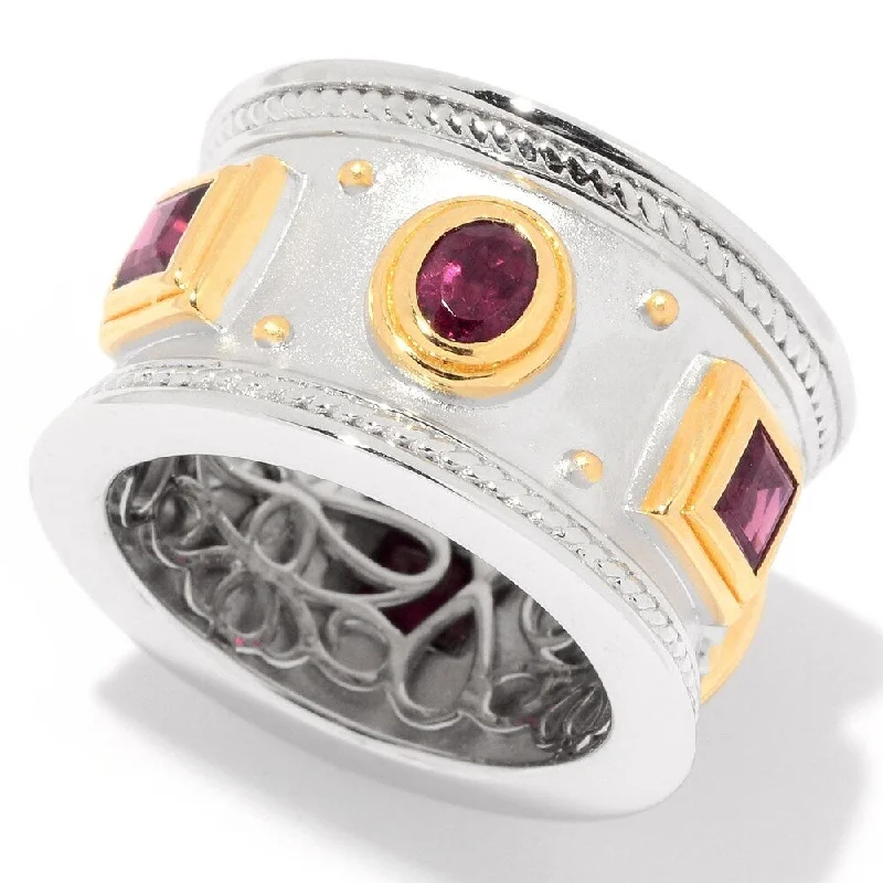 Women’s two-tone rings-Sterling Silver Two-tone Red Garnet Etruscan Wide Band Ring