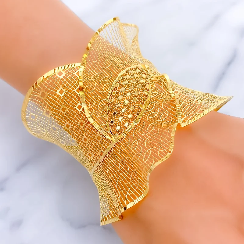 Women’s gold-plated bracelets-Ornate Filigree 21K Gold Wavy Bangle Bracelet