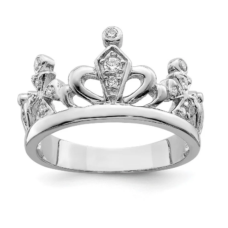 Women’s contemporary rings-Curata 925 Sterling Silver Polished Open back CZ Cubic Zirconia Simulated Diamond Crown Ring