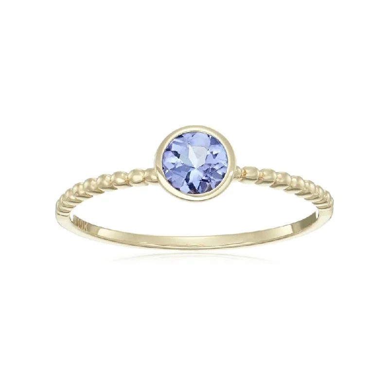 Women’s adjustable engagement rings-10k Yellow Gold Tanzanite Round Solitaire Beaded Shank Stackable Ring