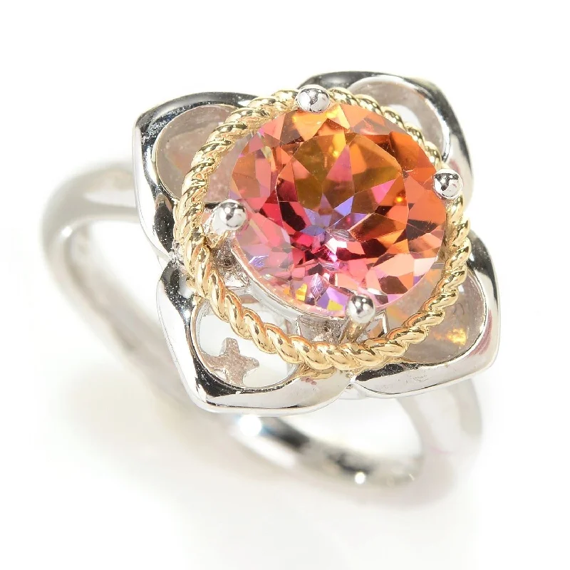 Women’s ruby rings-Two-tone Sterling Silver and 14k Topaz Flower Ring