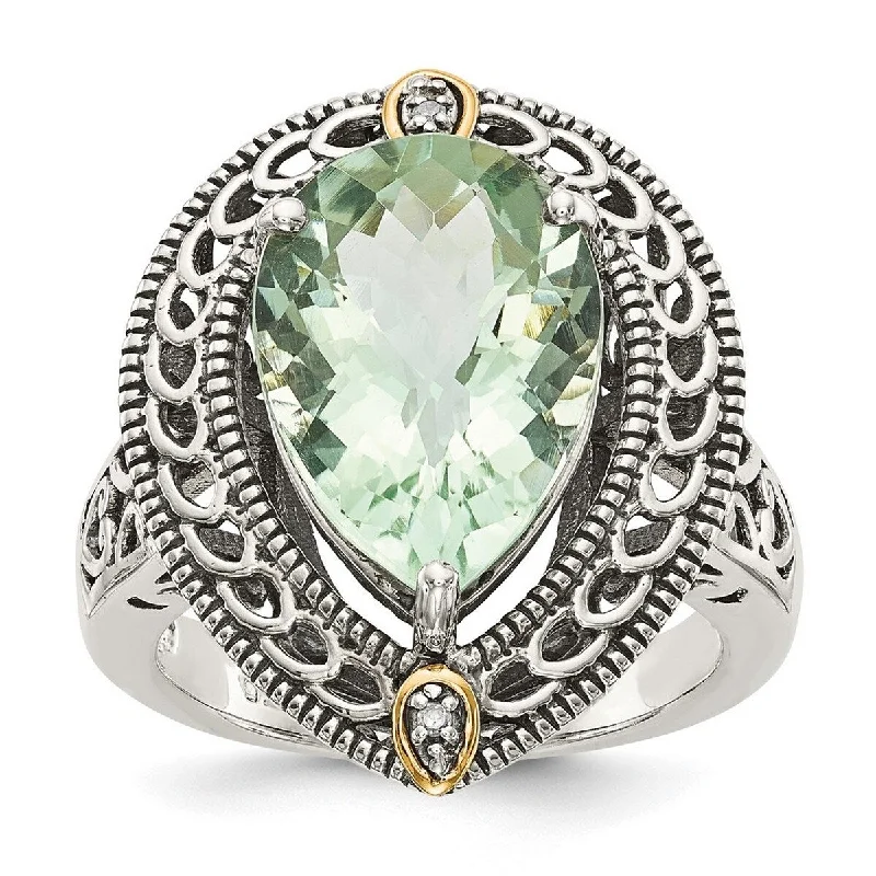 Women’s gold rings-Curata 925 Sterling Silver Polished Prong set Open back With 14k Diamond and Green Quartz Ring