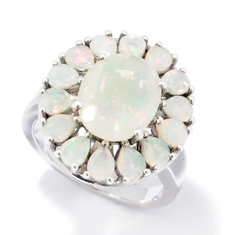 Women’s moissanite rings-Sterling Silver 11 x 9mm Oval Ethiopian Opal Flower Ring- Size 7