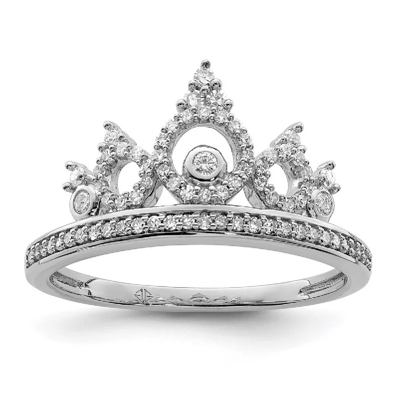 Women’s oval rings-Curata 925 Sterling Silver Polished Prong set Open back Rhodium Plated Diamond Crown Ring