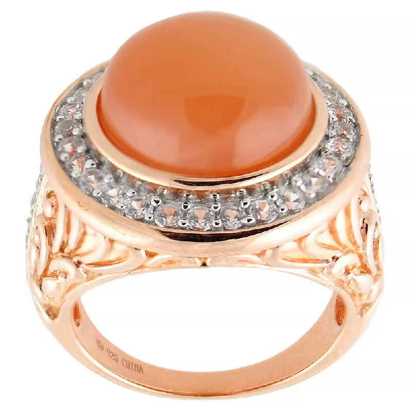 Women’s rose gold engagement rings-Pinctore Peach Moonstone White Zircon Scrollwork Ring