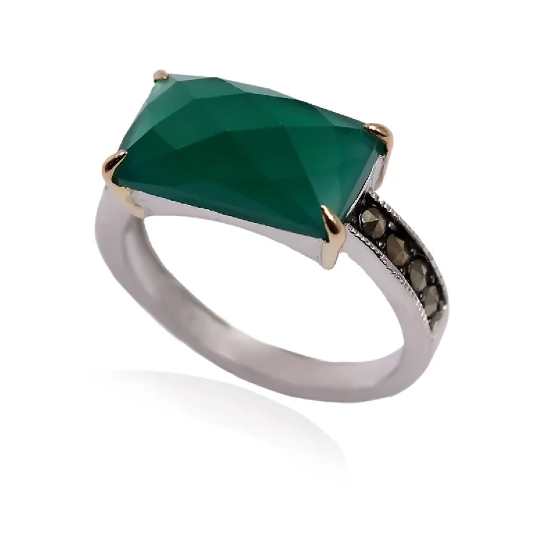 Women’s geometric rings-14k Gold and Sterling Silver Green Agate and Marcasite Ring