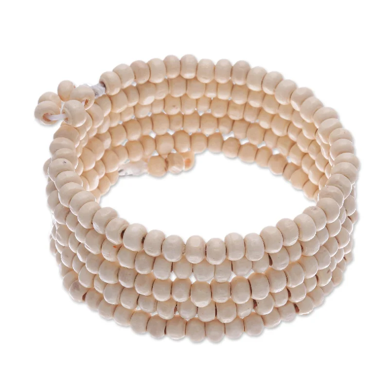 Women’s crystal bangles-Novica Handmade Ivory Spin Wood Beaded Wrap Bracelet (1 In)