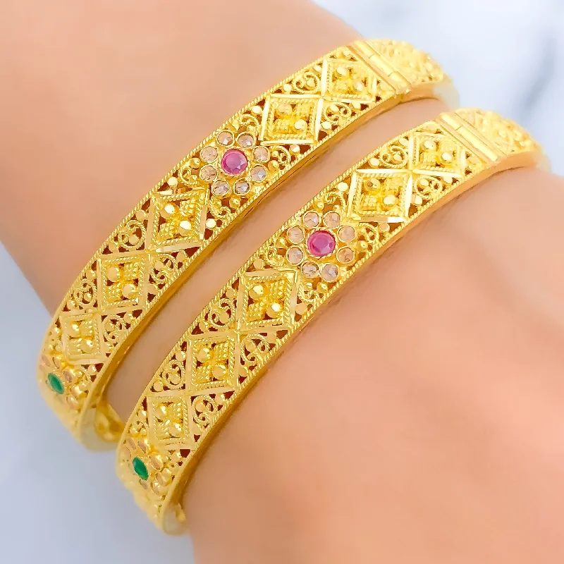 Women’s gemstone bangles-Tasteful Traditional 22k Gold Floral Bangle Pair