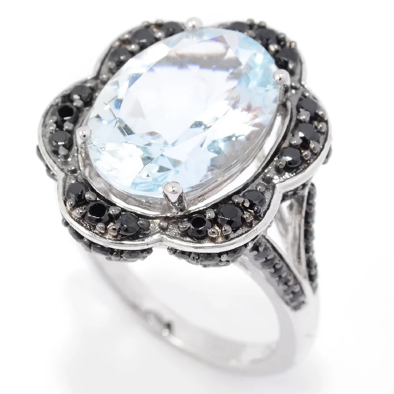 Women’s statement rings-14k White Gold 6 2/5ct TGW Aquamarine and Black Spinel Flower Halo Ring