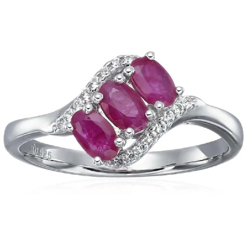 Women’s radiant diamond rings-Sterling Silver Genuine Ruby & Created White Sapphire 3-stonet Ring, Size 7 - Red