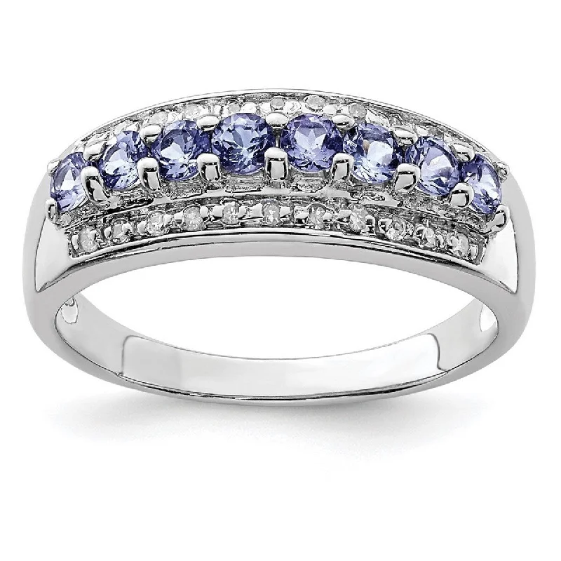 Women’s wedding band rings-Curata 925 Sterling Silver Polished Fancy cut out back Tanzanite and Diamond Ring