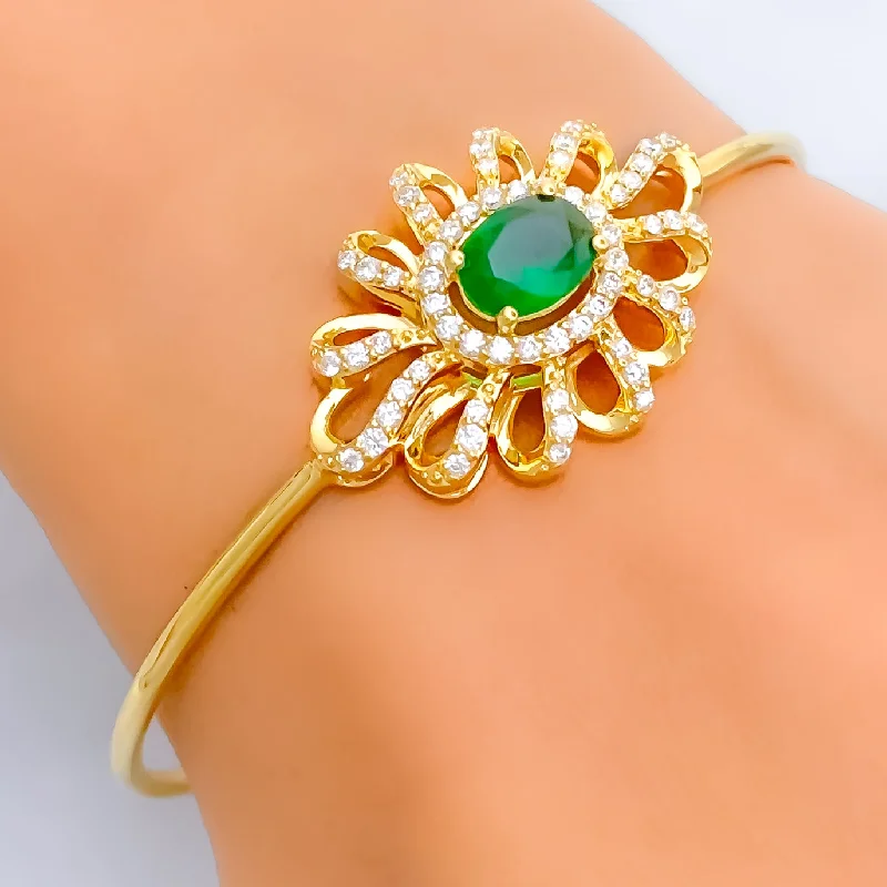 Women’s leather bracelets-Lustrous Floral Diamond + 18k Gold Bangle Bracelet