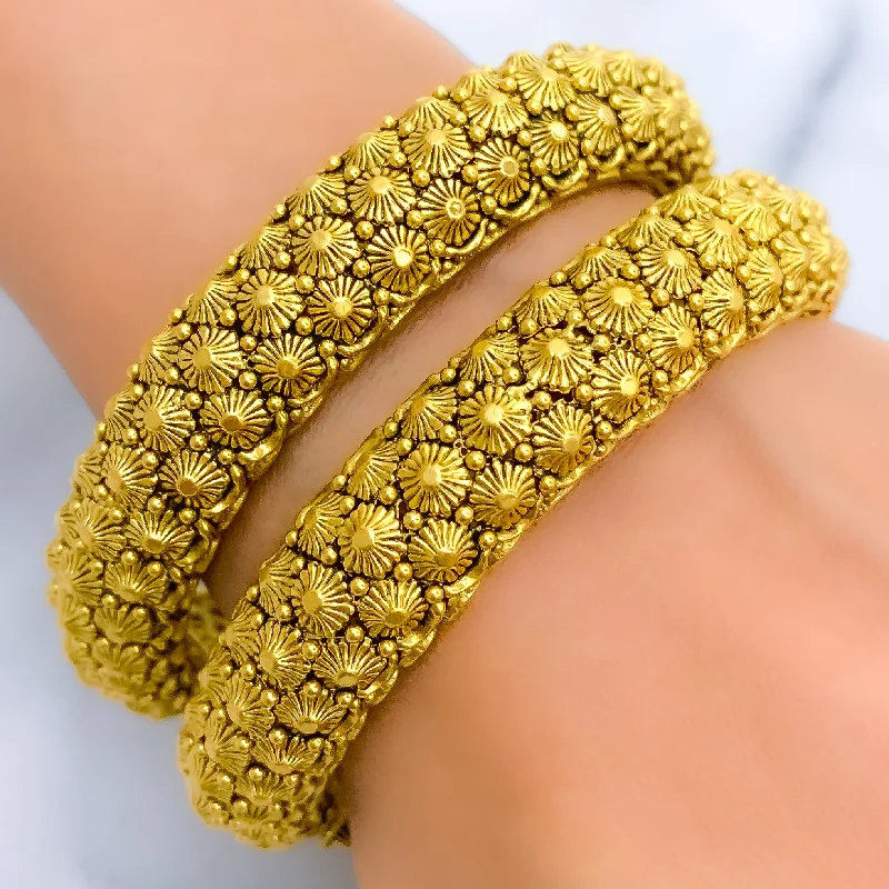 Women’s wrap bracelets-Magnificent Floral Oxidized 22k Gold Bangles