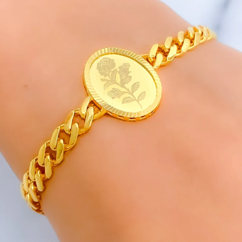 Women’s tennis bracelets-Beautiful Floral Oval 21k Gold Coin Bracelet