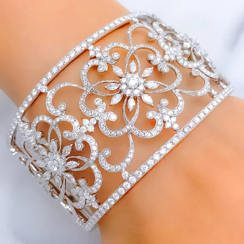 Women’s pearl-studded bracelets-Extravagant Floral Motif Diamond + 18k Gold Bangle Bracelet