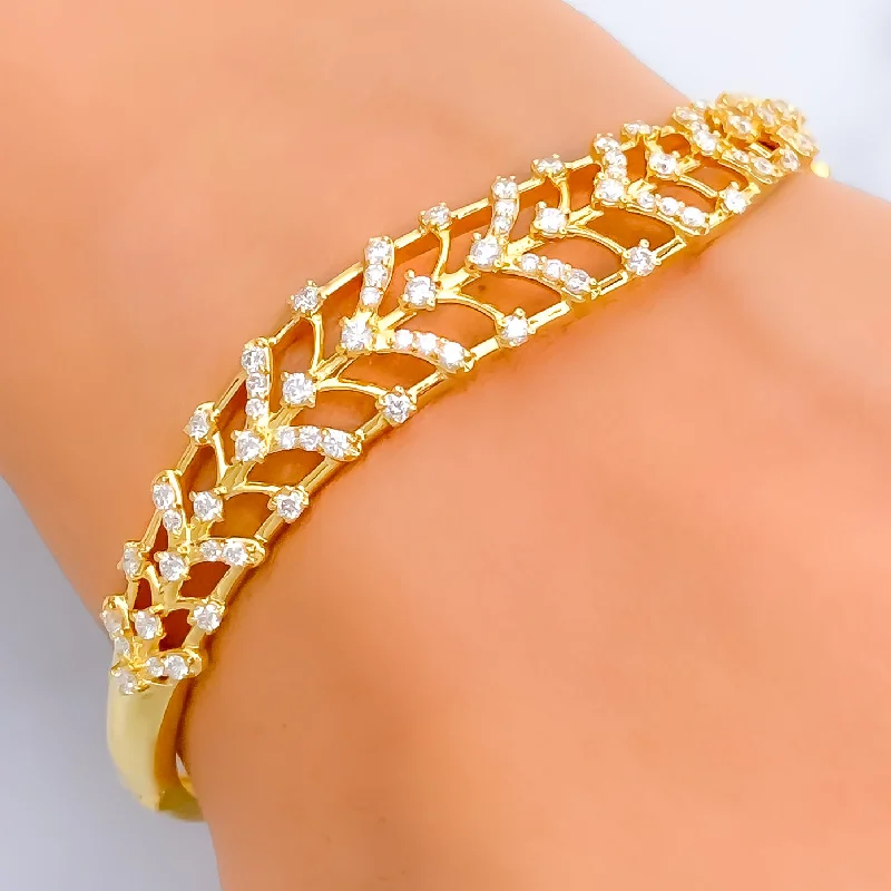 Women’s classic charm bracelets-Luxurious Alluring Leaf Diamond + 18k Gold Bangle Bracelet