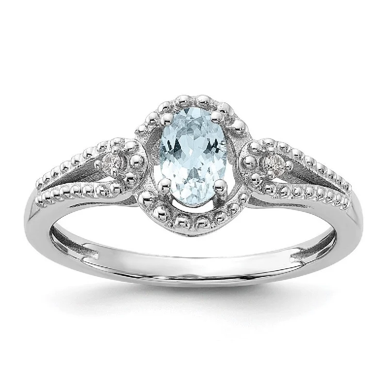 Women’s rose gold rings-Curata 925 Sterling Silver Polished Open back Aquamarine and Diamond Ring