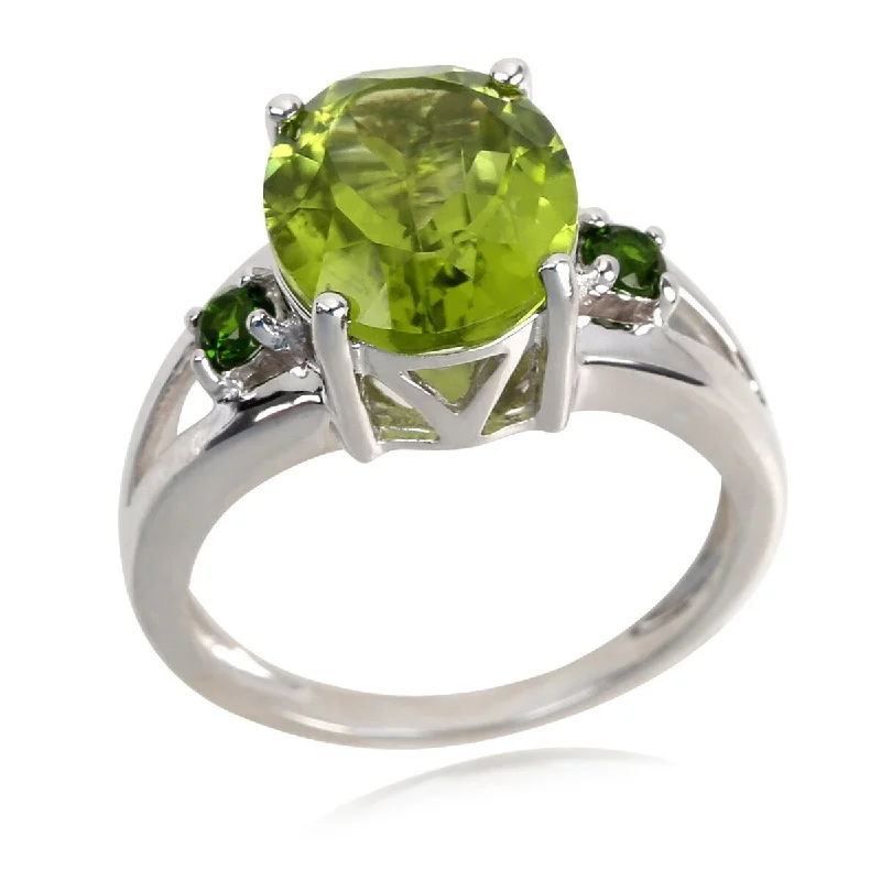 Women’s elegant rings-Sterling Silver 925 Peridot and Chrome Diopside 3-Stone Ring