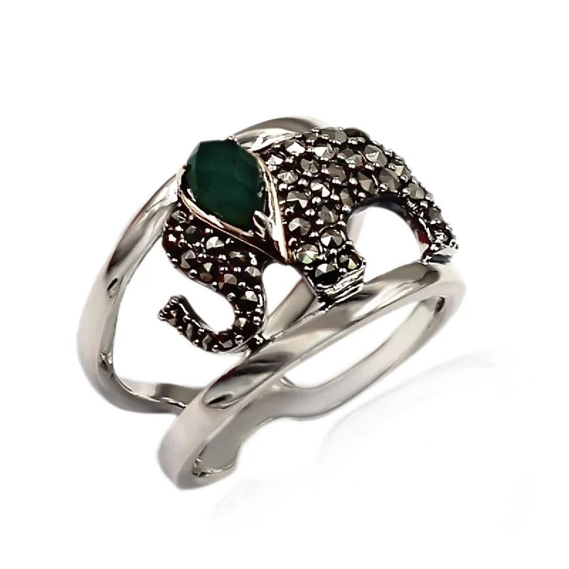 Women’s thick bands rings-14k Gold and Sterling Silver Green Agate Marcasite Ring