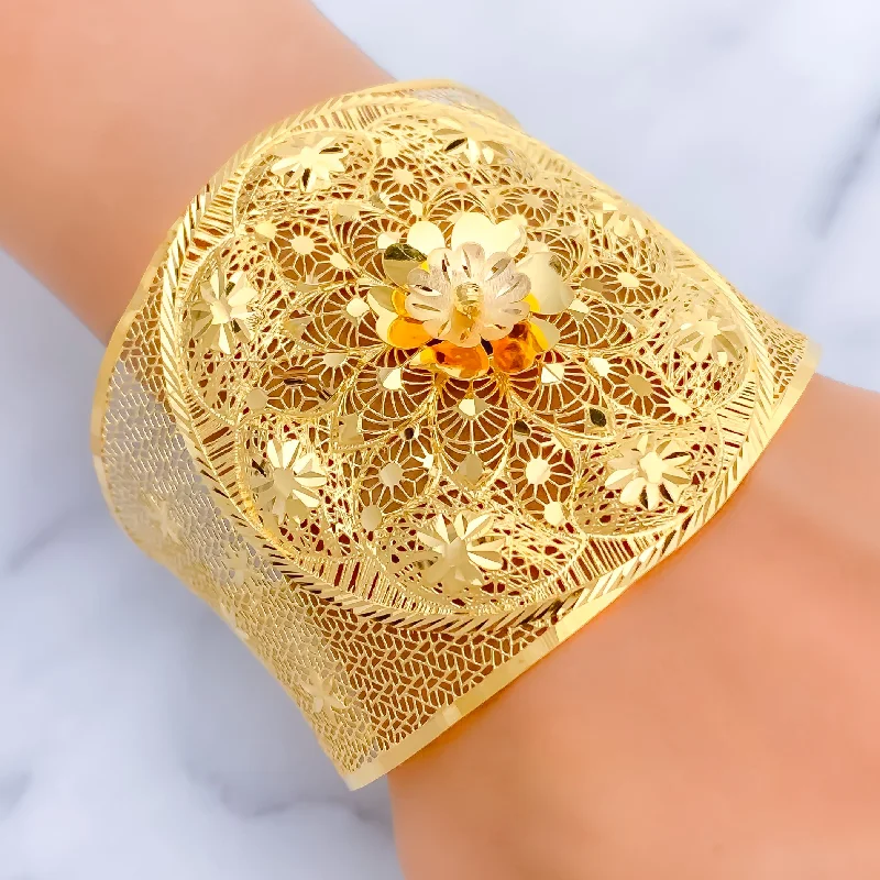 Women’s beaded bangles-Royal Lustrous Floral 21K Gold Bangle Bracelet