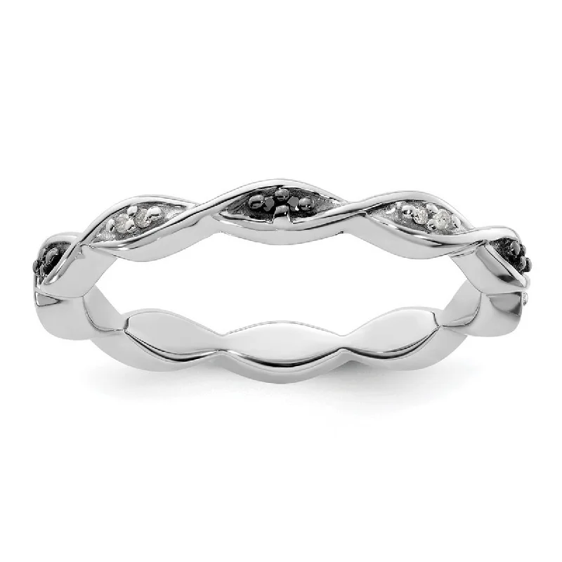 Women’s birthstone rings-Curata 925 Sterling Silver Polished Prong set Patterned Stackable Expressions Black and White Diamond Ring