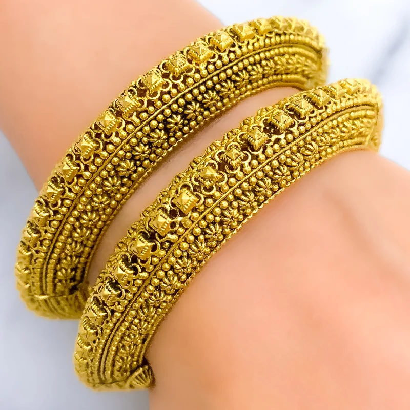 Women’s twisted bracelets-Intricate Beaded Oxidized 22k Gold Bangles