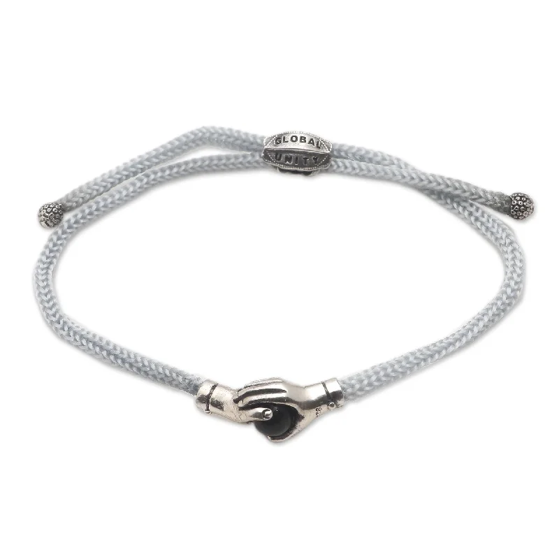 Women’s crystal bangles-Novica Handmade Silver Grey Handshake Sterling Silver And Black Agate Unity Bracelet