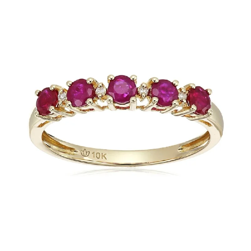 Women’s midi rings-10k Yellow Gold Ruby and Diamond Accented Stackable Ring