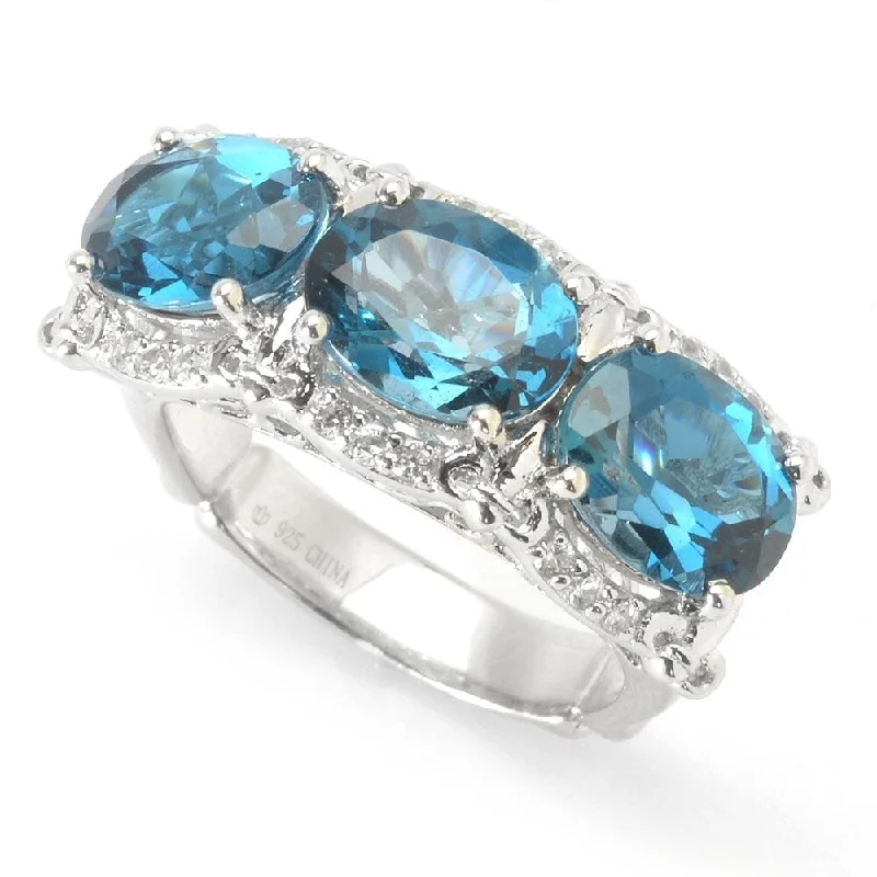 Women’s cocktail rings-Sterling Silver Oval London Blue Topaz & White Zircon East-West Ring