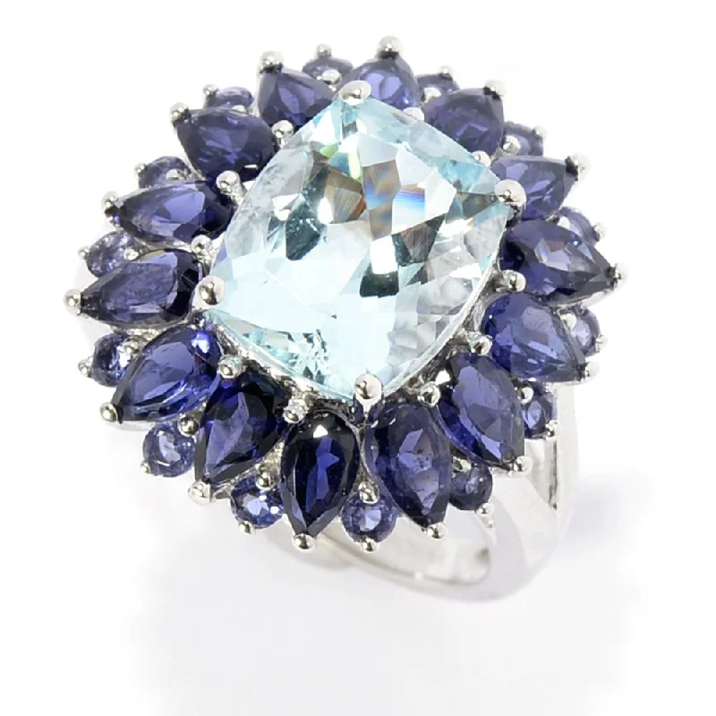 Women’s vintage wedding rings-14k White Gold Aquamarine Iolite Flower Ring