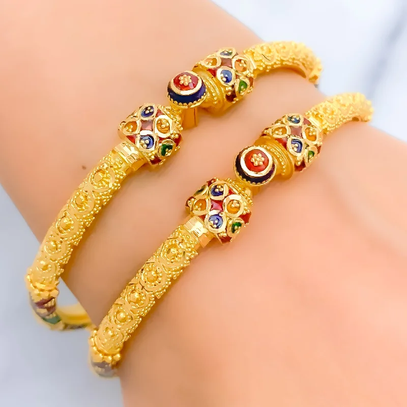 Women’s luxury diamond bangles-Majestic Meena 22k Gold Pipe Bangle Pair