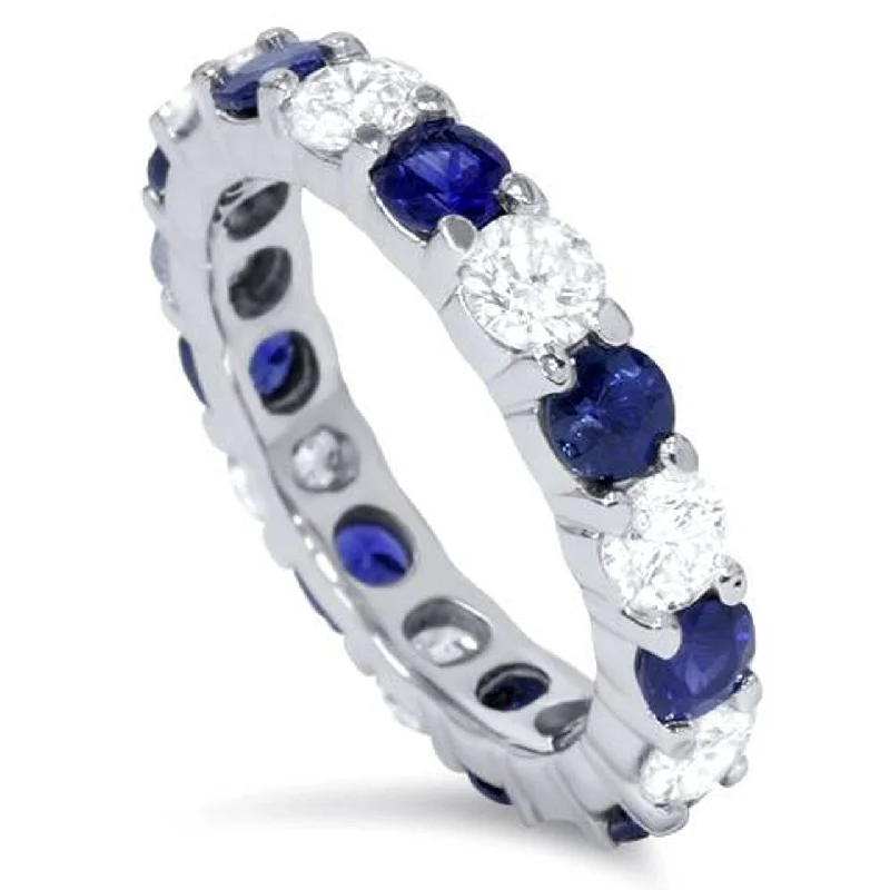 Women’s classic rings-3ct Blue Sapphire & Diamond Eternity Ring White Gold