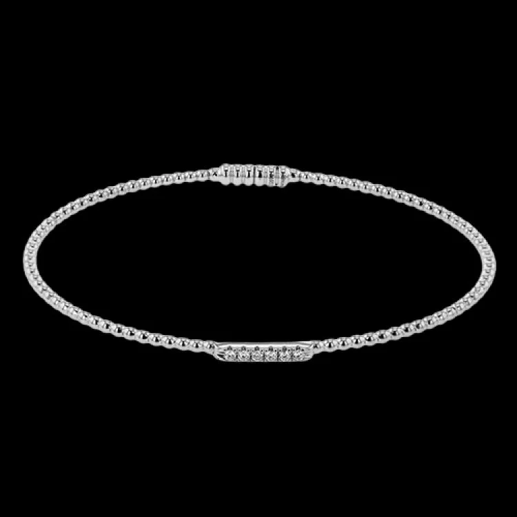 Women’s heart bracelets-18K white gold beaded stackable bangle accented with 0.08 ctw of white diamonds, and a magnetic closure