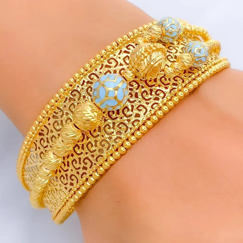 Women’s spiral bracelets-Luminous Blue Enamel 21k Statement Bangle Bracelet