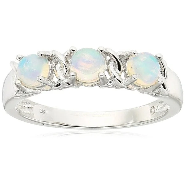 Women’s stylish rings-SS Ethiopian Opal & Accented 3-stone Band Stackable Ring, Size 7 - White