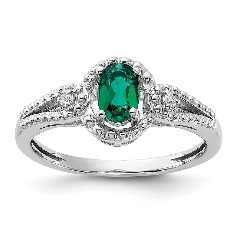 Women’s silver engagement rings-Curata 925 Sterling Silver Polished Open back Created Emerald and Diamond Ring