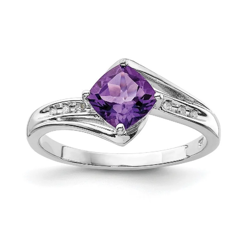 Women’s cubic zirconia rings-Curata 925 Sterling Silver Polished Prong set Open back Rhodium Plated Diamond and Amethyst Square Ring