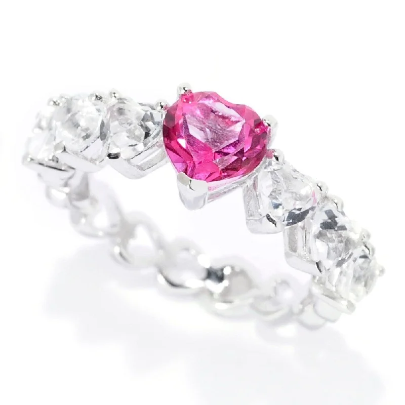 Women’s unique engagement rings-Sterling Silver 2.40ctw Bahaman Pink & White Topaz Heart Band Ring